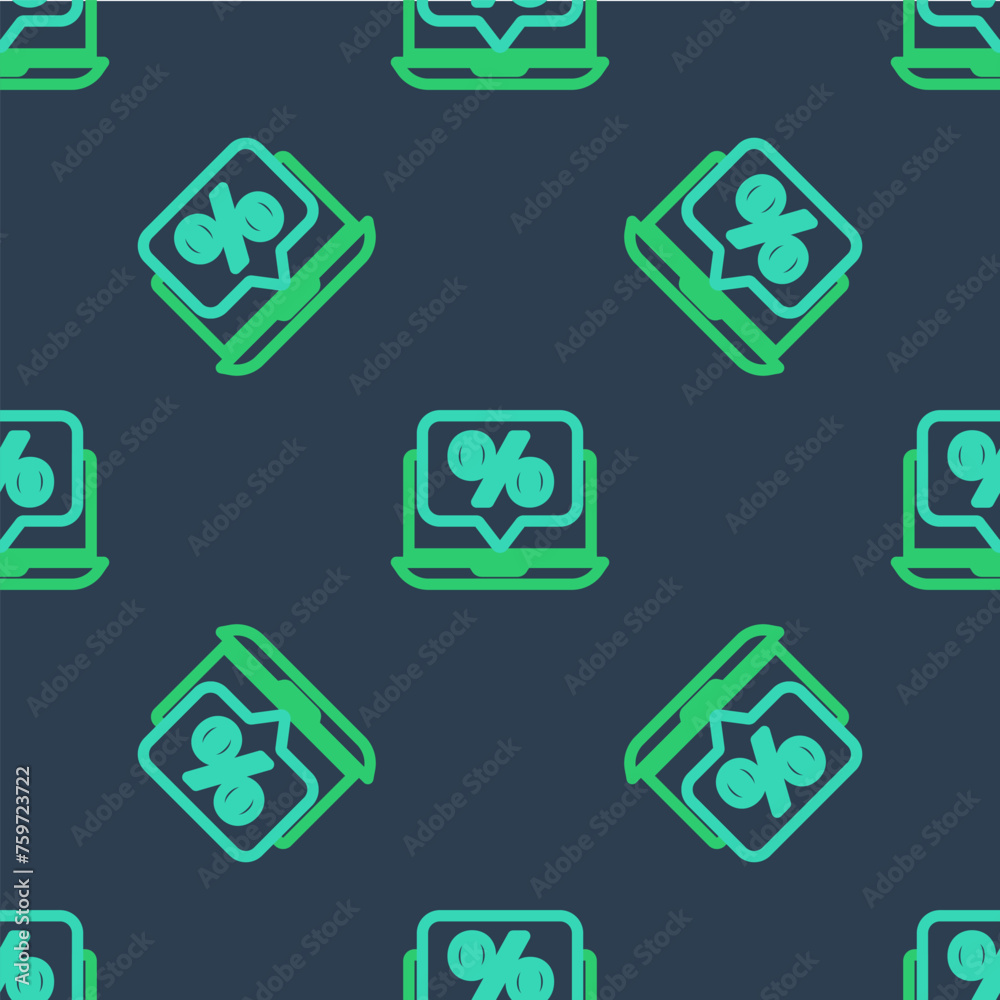 Line Percent discount and laptop icon isolated seamless pattern on blue background. Sale percentage - price label, tag. Vector Line Percent discount and laptop icon isolated seamless pattern on blue background. Sale percentage - price label, tag. Vector