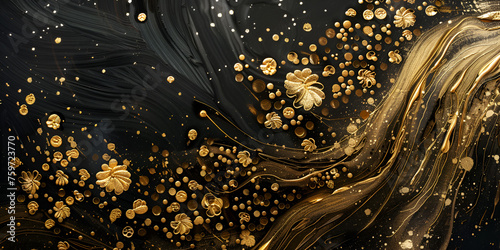  Damascus steel space time in Spectacular dark black and gold ink swirled around digital art 3d illustration Black and gold liquid paint flowing in flow texture.