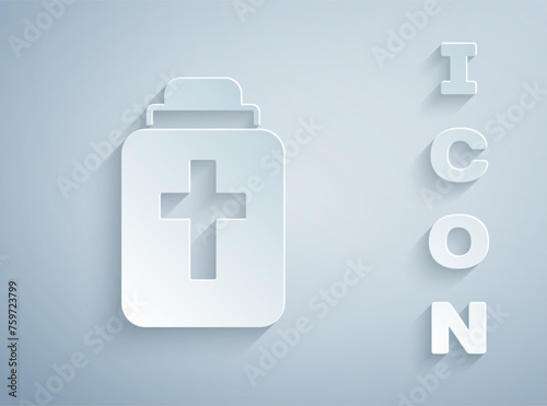 Paper cut Funeral urn icon isolated on grey background. Cremation and burial containers, columbarium vases, jars and pots with ashes. Paper art style. Vector