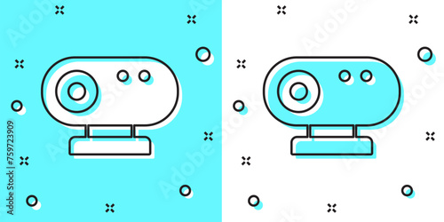 Black line Web camera icon isolated on green and white background. Chat camera. Webcam icon. Random dynamic shapes. Vector