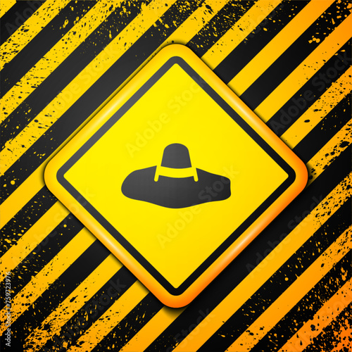Black Elegant women hat icon isolated on yellow background. Warning sign. Vector