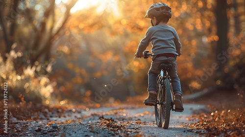 Boy Riding Bike in Autumn Forest Outdoor Adventure and Natural Beauty