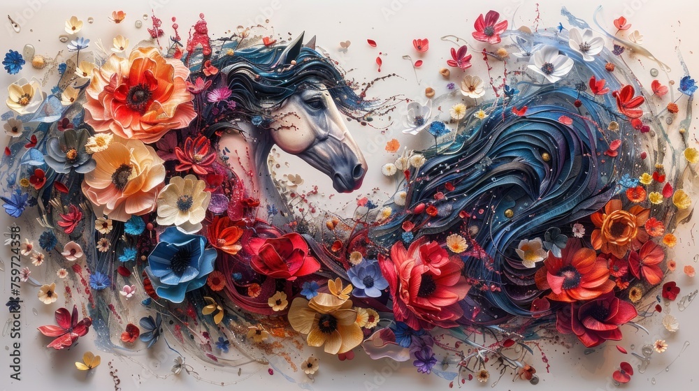 Horse made of flowers water painting