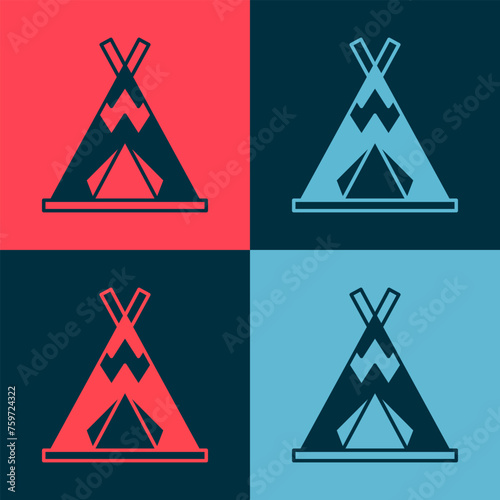 Pop art Traditional indian teepee or wigwam icon isolated on color background. Indian tent. Vector