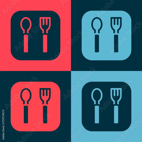 Pop art Fork and spoon icon isolated on color background. Cooking utensil. Cutlery sign. Vector