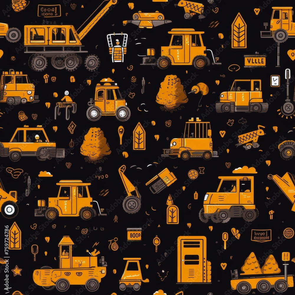 Charming seamless pattern featuring hand-drawn baby toy illustrations and construction equipment