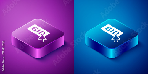 Isometric Bid icon isolated on blue and purple background. Auction bidding. Sale and buyers. Square button. Vector