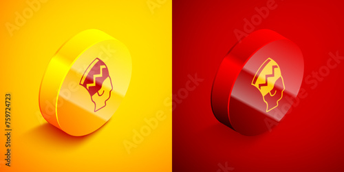 Isometric Nefertiti icon isolated on orange and red background. Circle button. Vector
