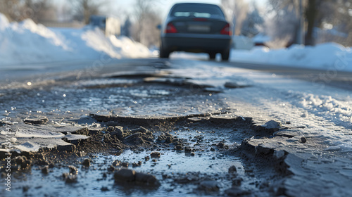 Very bad quality street, damaged asphalt pavement road with potholes. Difficult driving conditions on roads in winter and spring. Car moving on road with melting snow. Icy slippery road © safu designe