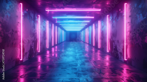 Modern Futuristic Sci Fi Concept Club Background Grunge Concrete Empty Dark Room With Neon Glowing Purple And Blue Pink Neon Light. © aekkorn