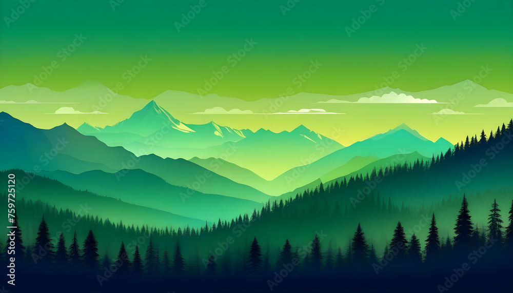 A dark green landscape with trees and mountains in the distance