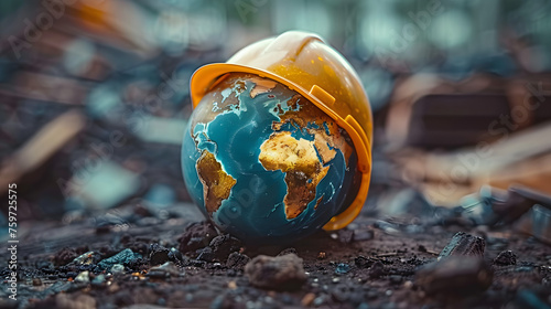Symbol of safety and health at work: the planet Earth and the helmet. A safety and health concept for the World Day of Safety and Health at Work.