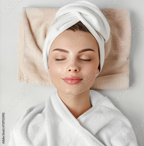 studio image a beautiful woman on beauty salon white towel and white background photo