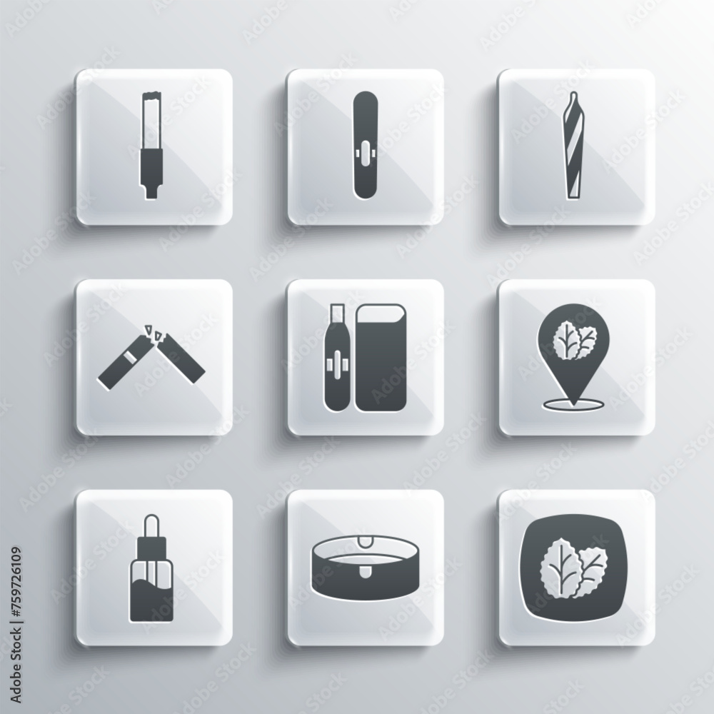 Set Ashtray, Tobacco leaf, Electronic cigarette, Vape liquid bottle, Broken, Cigarette and Marijuana joint, spliff icon. Vector Set Ashtray, Tobacco leaf, Electronic cigarette, Vape liquid bottle, Broken, Cigarette and Marijuana joint, spliff icon. Vector