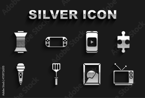 Set Spatula, Piece of puzzle, Retro tv, Picture landscape, Microphone, Online play video, Sewing thread spool and Portable game console icon. Vector
