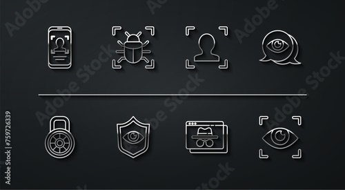 Set line Mobile and face recognition, Safe combination lock, Eye scan, Browser incognito window, Shield eye, System bug, and Face icon. Vector
