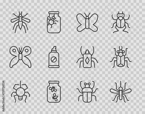 Set line Spider, Mosquito, Butterfly, Fireflies bugs in a jar, Spray against insects, Stink and Beetle icon. Vector