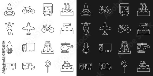 Set line Cruise ship, Helicopter, Boat with oars, Delivery cargo truck, Plane, Scooter, Traffic cone and Bicycle icon. Vector