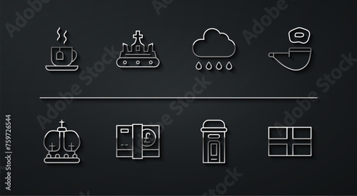 Set line Cup of tea with tea bag, British crown, Smoking pipe, London phone booth, Pound sterling money, Flag England and Cloud rain icon. Vector