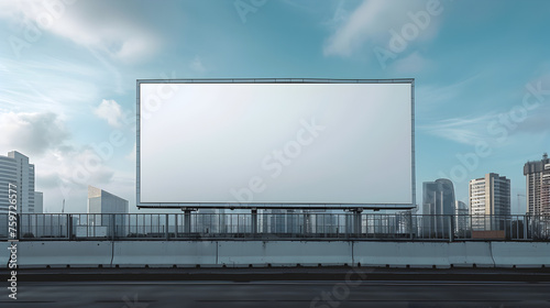 White large horizontal billboard mock up on fence wall with urban modern city background