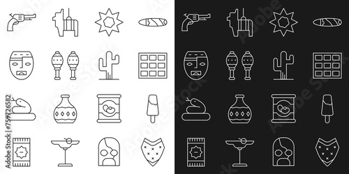 Set line Poncho, Popsicle ice cream, Chocolate bar, Sun, Maracas, Aztec mask, Revolver gun and Cactus icon. Vector