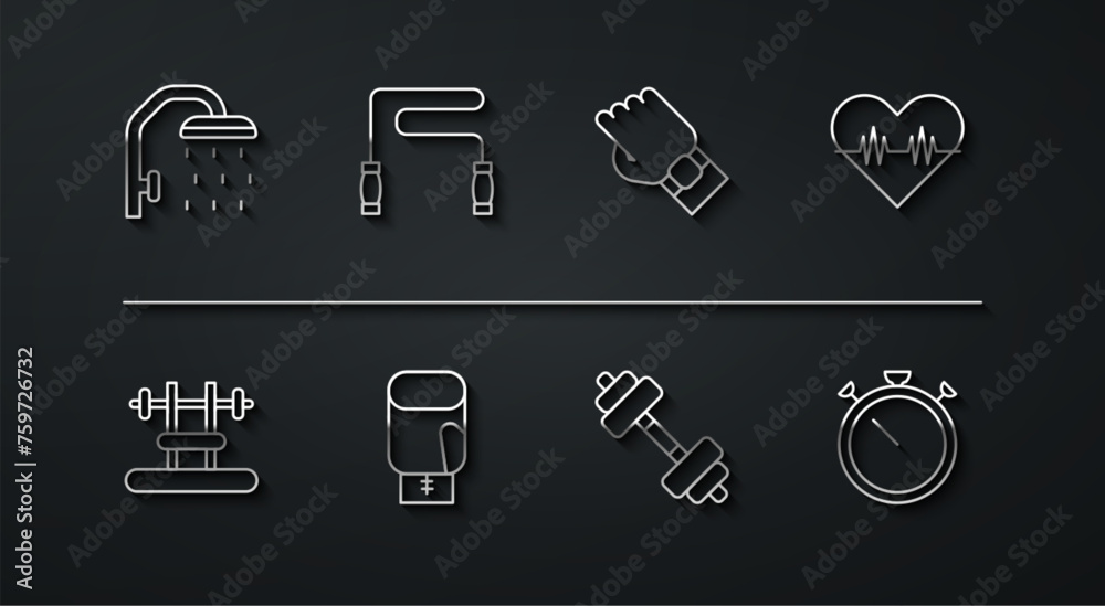 Set line Shower head, Bench with barbel, Heart rate, Dumbbell, Boxing glove, Jump rope, Stopwatch and Smart on hand icon. Vector Set line Shower head, Bench with barbel, Heart rate, Dumbbell, Boxing glove, Jump rope, Stopwatch and Smart on hand icon. Vector