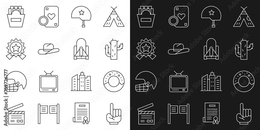 Set line Number 1 one fan hand glove, Donut, Cactus, Military helmet, Western cowboy hat, Medal with star, Potatoes french fries in box and Rocket launch from the spaceport icon. Vector