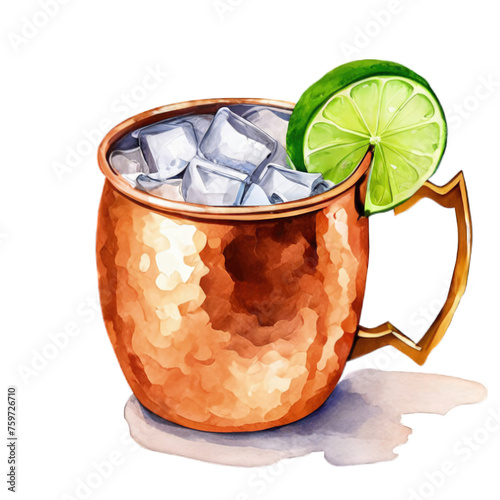 Moscow Mule in a copper mug, watercolor illustration, vector clipart, cut out on white background, drink, travel drink