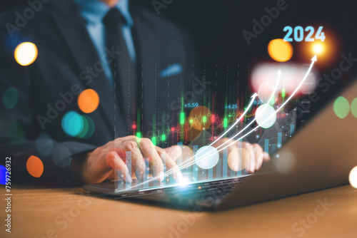 2024 new year, business start up, target and goal action plan for success growt, market trend end 2023. Increase arrow challenge business strategy graph. Business finance technology investment concept