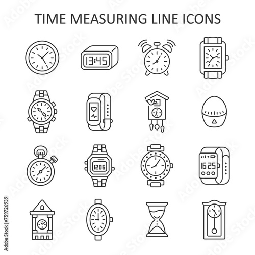 Clock line icon set. Time measuring symbol vector collection with clock, wrist watch, hourglass, Cuckoo-clock, smart watch, stopwatch, kitchen timer.