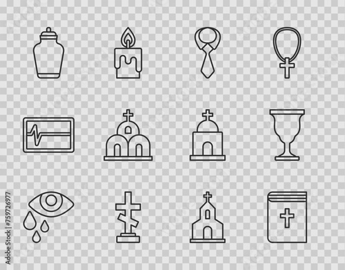 Set line Tear cry eye, Holy bible book, Tie, Grave with cross, Funeral urn, Church building, and Christian chalice icon. Vector