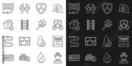 Set line Firefighter, alarm system, Gas mask, escape, in burning house, hose reel and axe icon. Vector