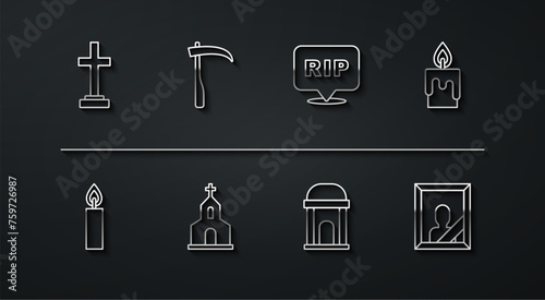 Set line Grave with cross, Burning candle, Old crypt, Church building, Scythe, Mourning photo frame and Speech bubble rip death icon. Vector