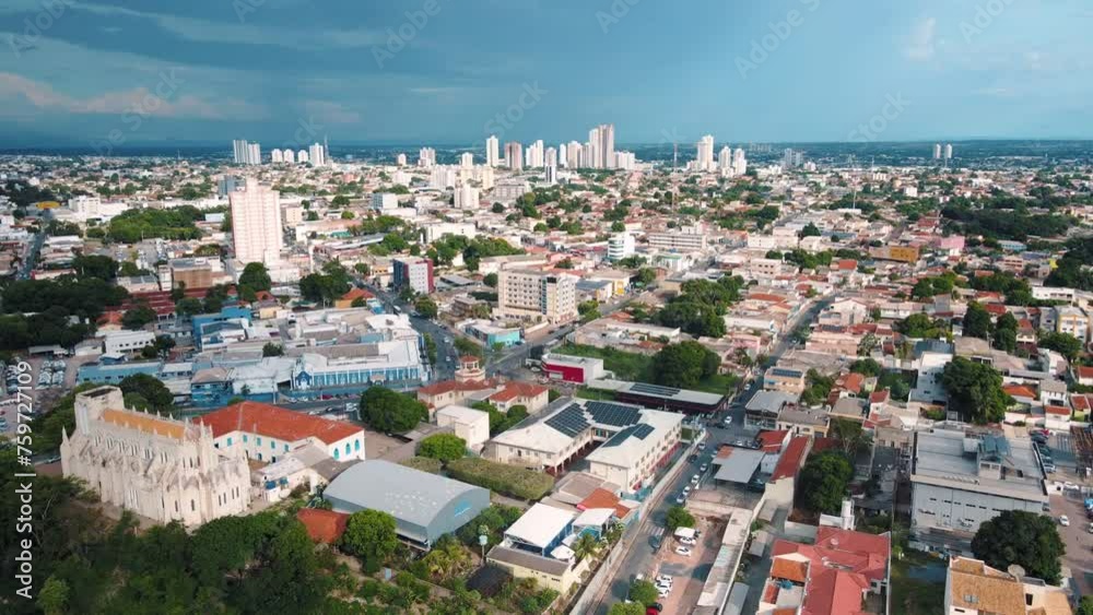 Aerial city scape at stormy time in summer in central Cuiaba Mato Grosso