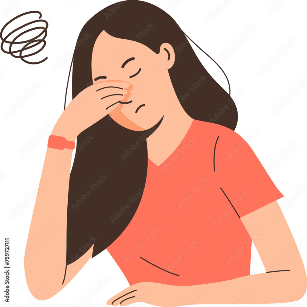 Young woman holding her face with her hand, Tressed and tired from studying or working concept. flat character design and illustration.