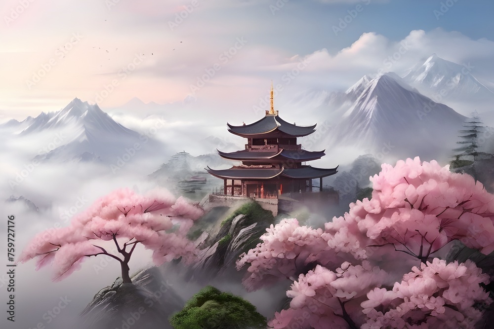 Stunning mountain view of Asian temple amidst mist and blooming sakura trees in misty haze symbolizing harmony between nature and spirituality, breathtaking allure of nature Generative AI