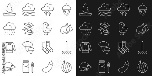 Set line Watermelon, Garden rake, Roasted turkey or chicken, Storm, Leaf leaves, Cloud with rain, Tree and Little icon. Vector