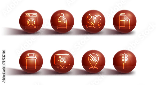 Set line Washer, Trash can, Bottle for cleaning agent, Home service, Toilet brush and Sponge icon. Vector