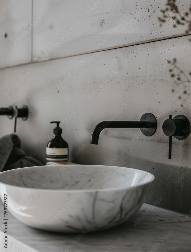 Bathroom interior with stylish black sink and marble washbasin, modern concrete walls Bathroom interior with stylish black sink and marble washbasin, modern concrete walls