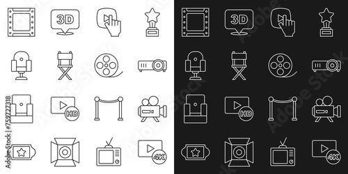 Set line Screen tv with 4k, Retro cinema camera, Movie, film, media projector, Online play video, Director movie chair, Play and Film reel icon. Vector
