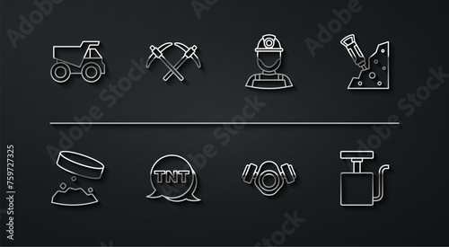 Set line Mining dump truck, Giant magnet holding iron dust, Construction jackhammer, Gas mask, Dynamite, Pickaxe, Handle detonator and Miner helmet icon. Vector