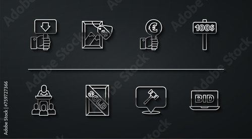 Set line Hand holding auction paddle, Auction auctioneer sells, hammer, painting sold, Online and icon. Vector