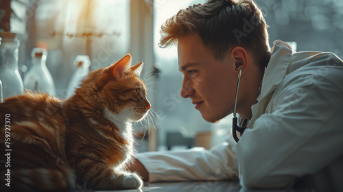 Doctor Examining Cat With Stethoscope. Generative AI photo