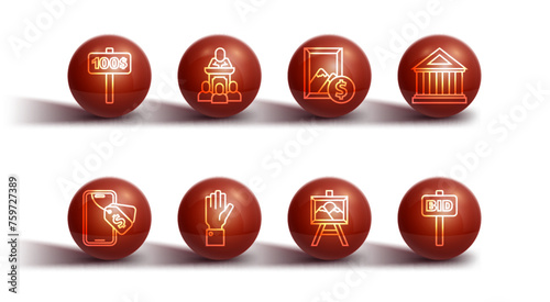 Set line Hand holding auction paddle, Online, Museum building, Auction painting, auctioneer sells, and icon. Vector