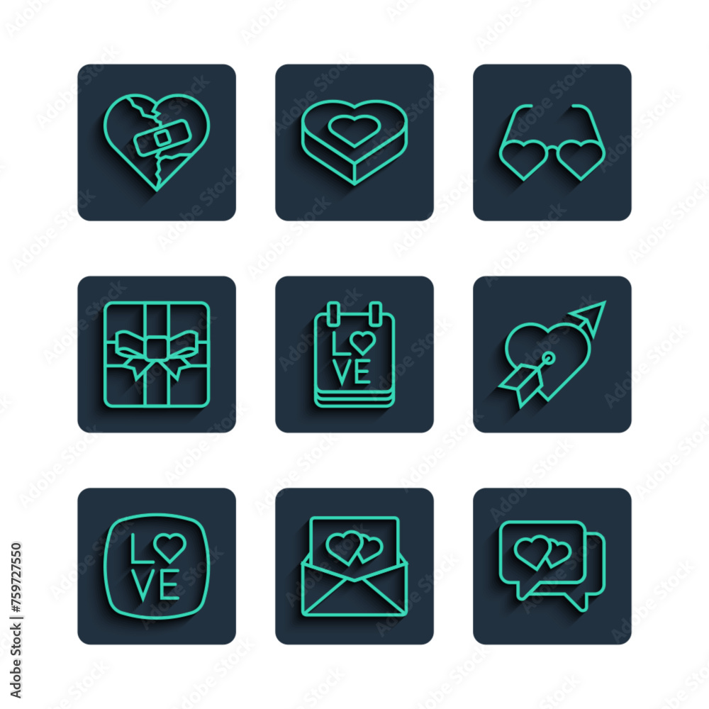 Set line Love text, Envelope with Valentine heart, Heart speech bubble, shaped love glasses, Calendar February 14, Gift box, Healed broken or divorce and Amour and arrow icon. Vector