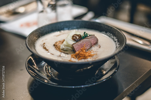 Exquisite Duck Breast with Creamy Soup Ramen noodle and Crispy Toppings