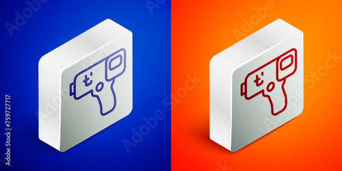 Isometric line Digital contactless thermometer with infrared light icon isolated on blue and orange background. Silver square button. Vector