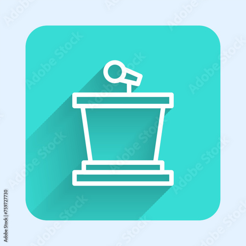 White line Stage stand or debate podium rostrum icon isolated with long shadow. Conference speech tribune. Green square button. Vector