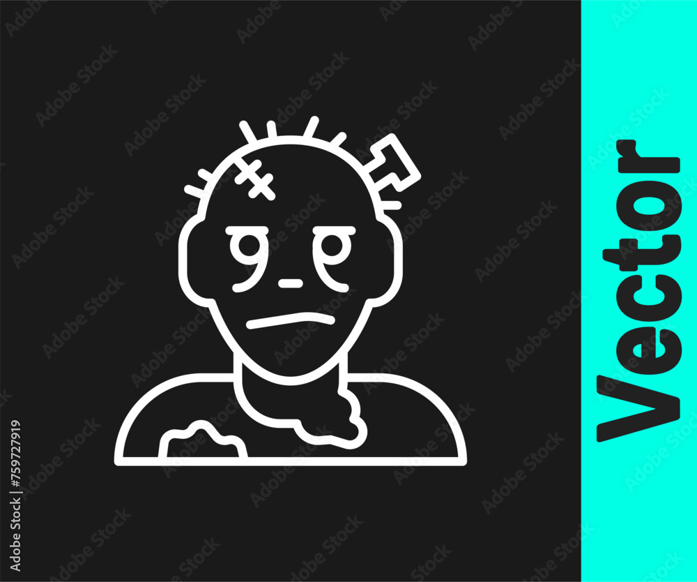 White line Zombie mask icon isolated on black background. Happy Halloween party. Vector White line Zombie mask icon isolated on black background. Happy Halloween party. Vector