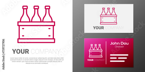 Logotype line Bottles of wine in a wooden box icon isolated on white background. Wine bottles in a wooden crate icon. Logo design template element. Vector